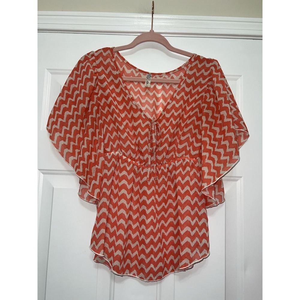 VTG Bella D Women's Top Large Orange Flutter Sleeve Babydoll Boho Shirt Fairy